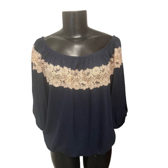 Large Bella D Lace Embellisment Women's Navy Blue Off Shoulder Blouse - Picture 4 of 10